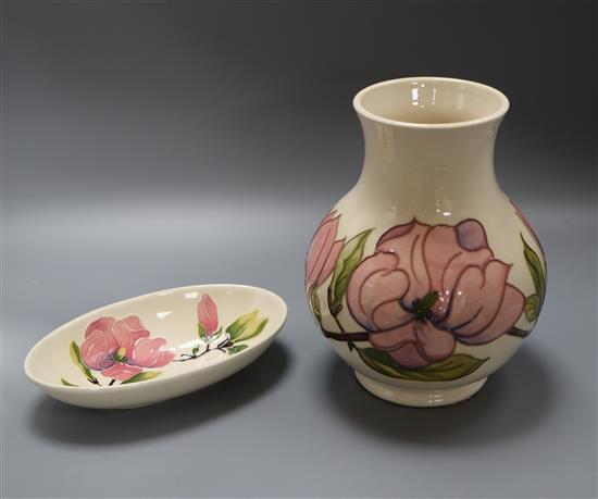 A Moorcroft magnolia baluster vase and an oval dish height 24cm